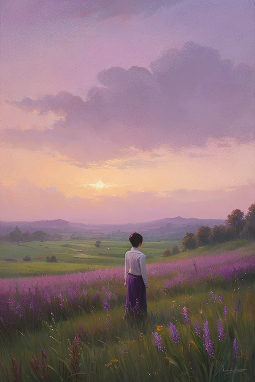 Highest quality、Landscape painting、Standing alone in the vast grassland、At dusk、Light purple sky