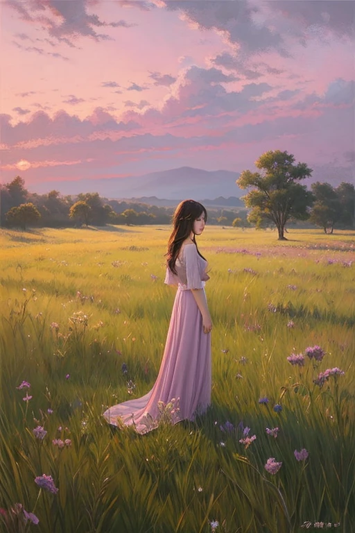 Highest quality、Landscape painting、Standing alone in the vast grassland、At dusk、Light purple sky