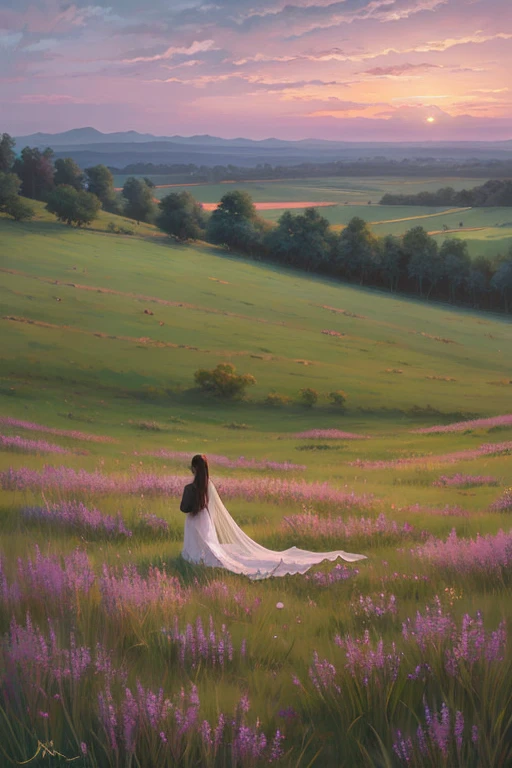 Highest quality、Landscape painting、Standing alone in the vast grassland、At dusk、Light purple sky