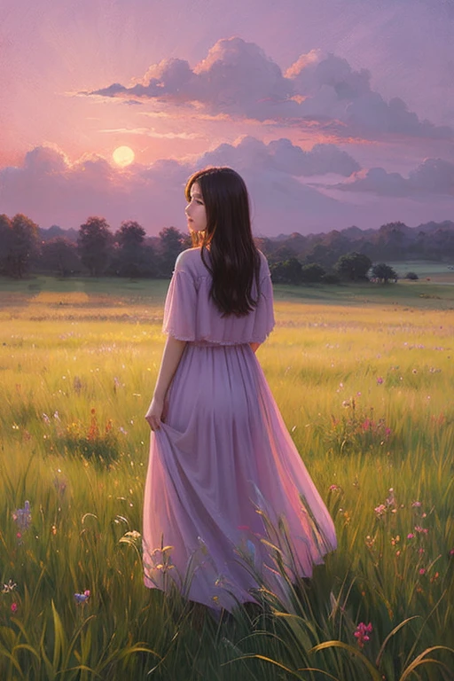 Highest quality、Landscape painting、Standing alone in the vast grassland、At dusk、Light purple sky