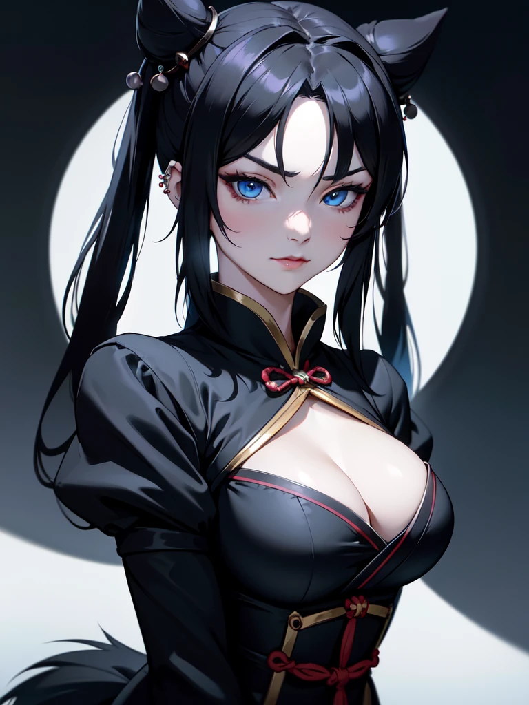 (((Portrait Photo))), She has the Appearance of a Regal Half-Wolf Teenager, with a Strong, Muscular Build that Radiates Power and Elegance. She has Long Black Hair, Styled in Odango-Shaped Buns with Thin Pigtails. Her Icy Blue Eyes Reflect the Piercing Gaze of a Husky—Intense, Intelligent, and Unyielding. She is Dressed in a Traditional Black Cheongsam with Side Slits and Loose Sleeves, Slightly Revealing Her Breasts. Her Expression is Calm and Composed, with a Subtle, Knowing Smirk, Perfectly Embodying the Essence of Pride and Excellence. (((High Quality, Dark Background))), (((Portrait Photo)))