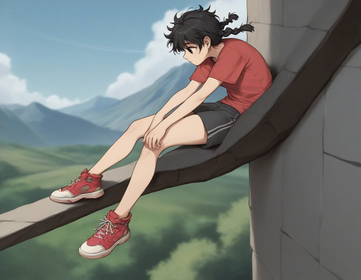 Fraction_9, Fraction_8_up, Fraction_7_Direction_6_Direction_5_Direction_4_up, src_Japanese cartoons, rest,1 Girl, Gentle, (small:0.7),Thigh width, Black Hair, Messy hair,OTS Miyoshi ,Black Hair,Double braid,black eyes,***********，Climbing the mountains
