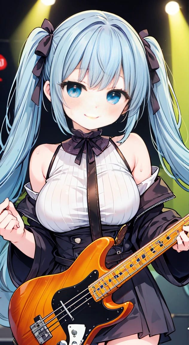 Highest quality,masterpiece,Electric bass Guitarを弾く,bassist,１People Girls,cute,Twin tails,Bright Blue Eyes,Anime Style,Large Breasts,****ta,Get noticed,on stage,enjoy,smile,Sweat,