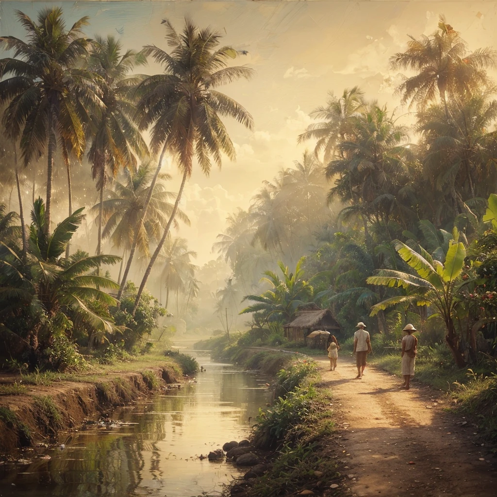 soft palette knife painting, documentary photography of landscapes in the afternoon,coconut tree,banana tree,small river,tepian small river,a small road there is an Indonesian farmer walking with his wife,soothing and cooling feeling, dull canvas,soft wax encaustic and oil painting,soft strokes, exotic scene, vintage colour