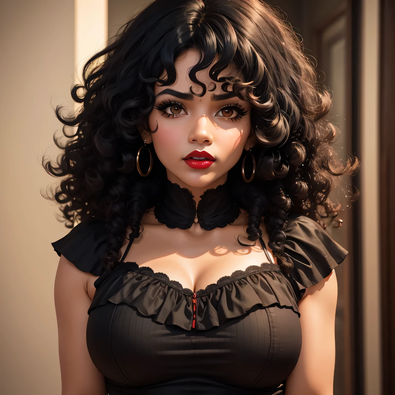 , Black Hair, Closed Mouth, Bangs, Anatomically Correct, High Details, Afro, Makeup, Red Lips, 1girl, puerto rican,Curly Hair,Best Quality, thickCowboy Shot, 