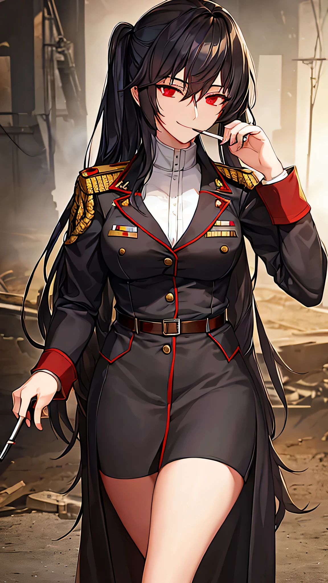 A woman in military uniform, 18 years old, long black hair, red eyes, smoking a cigarette with smoke, in a dilapidated background, smiling expression, high quality, highly detailed, masterpiece, gothic, cinematic lighting, heavily dark atmosphere, extremely detailed, shallow depth of field
