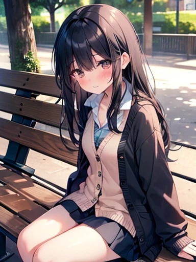 (Tabletop), (Highest quality), (Very detailed), 1 girl, Sexy pose, blush, ((Open Casual Cardigan:1.2)), Happy, Looking at the audience, Big Hair, Long black hair, wood々at the park,bench, shy ,Sit on the ground, ((alone)) ,anxiety, blush, mischief,From below,Because I&#39;m Slim,(Glowing Skin, Wet Skin:0.8), sweating, rain,~ ~ side, from the front, From above,It&#39;s been wet here for a long time, ((Showing panties)), ((Showing off your bra)), ((MNI skirt)),Large Breasts