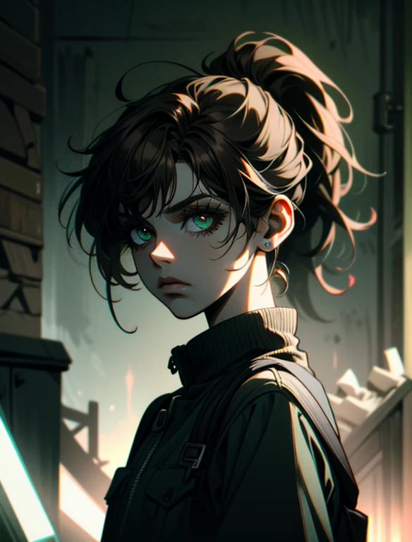 ((ultra detailed, masterpiece, absurdres))
 TLOUEllie, 1girl, ponytail, brown hair, green eyes, Abandoned prison yard with dramatic shadows, dynamic lighting, eerie and haunting