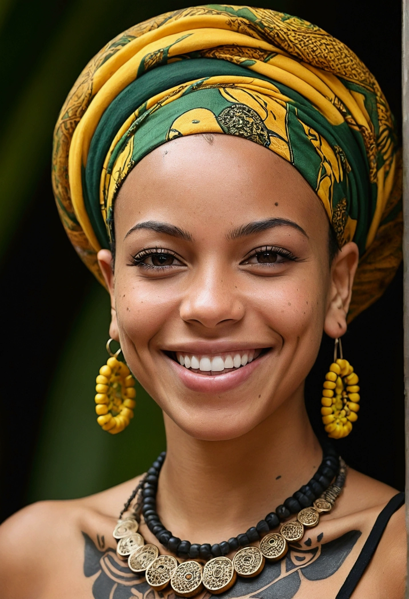 A Brazilian mulatto woman is someone with a rich ethnic heritage smiling, often presenting a combination of'ascendance africaine et européenne, with a range of skin tones and a vibrant culture that celebrates the racial and ethnic diversity of tattooed Brazil