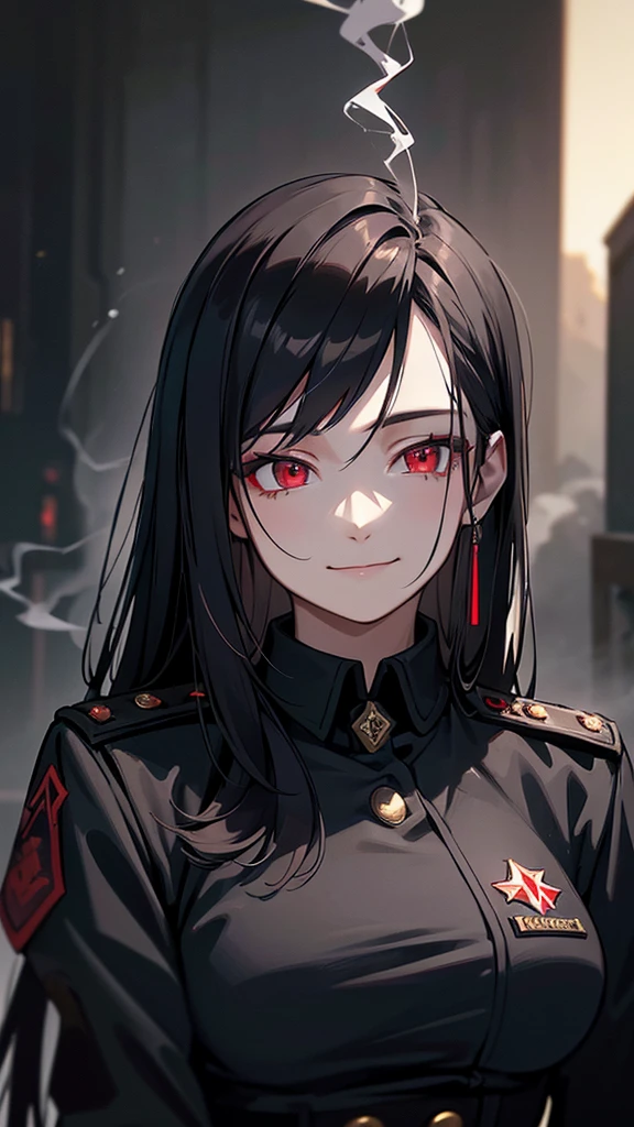 A woman in military uniform, 18 years old, long black hair, red eyes, smoking a cigarette with smoke, in a dilapidated background, smiling expression, high quality, highly detailed, masterpiece, gothic, cinematic lighting, heavily dark atmosphere, extremely detailed, shallow depth of field