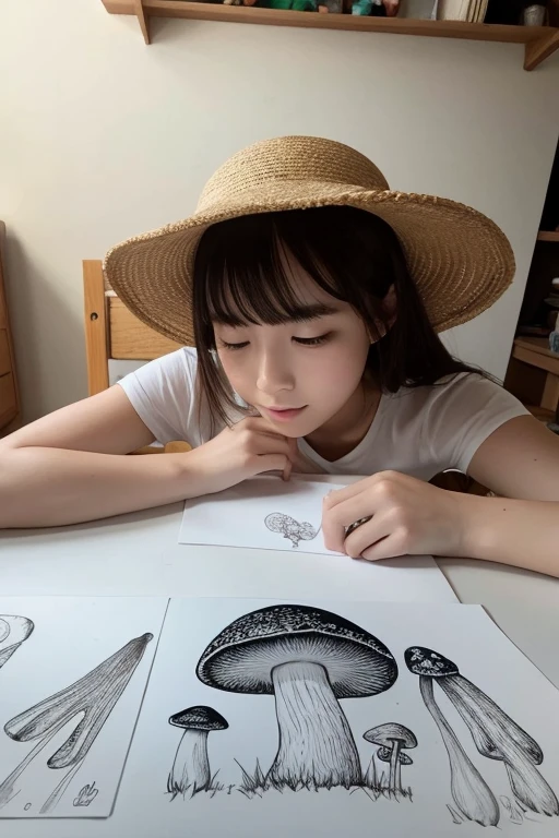 A 27-year-old girl drawing pictures of mushrooms