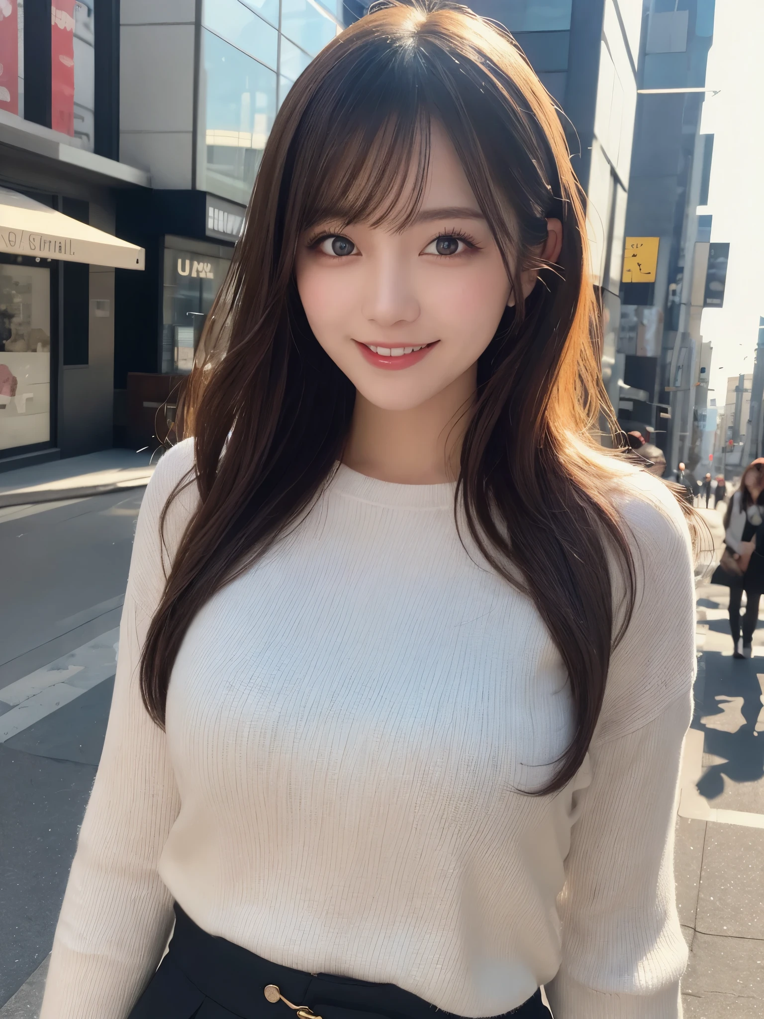 masterpiece, best quality, illustration, ultra-detailed, finely detailed, high resolution, 8K wallpaper, perfect dynamic composition, beautiful detailed eyes, Shibuya, trendy fashion, medium hair, small breasts, stylish pose, smile, looking at camera