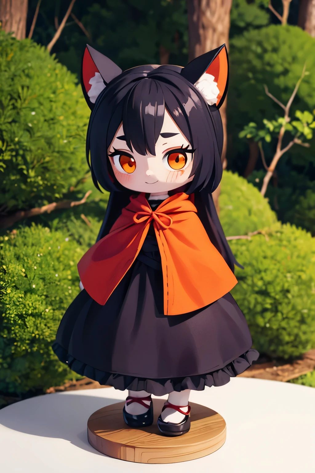 Photorealistic、Cute horror fantasy、ちび女の子doll(Devil Cosplay、Wicked Smile、Sagging under the eyes、Long eyebrows、Long nails、Orange eyes、Wear a long, big cloak) BREAK ,background(dollの周りに音符, (dead tree:1.3), in the forest,shadow the cardboard\(Bat,doll,Crow\)\)