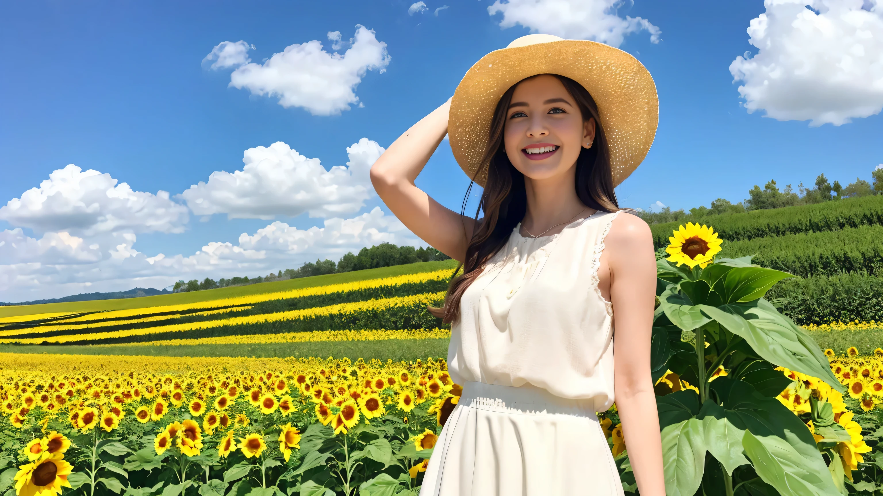 In the background there is a field of sunflowers.、A realistic illustration of blue sky and white cumulonimbus clouds。With brown hair close to gold、The girls who get tanner the further down they go、She is wearing a white sleeveless blouse and a white skirt。Her long hair flows loosely、Her gentle, jewel-like blue eyes are smiling happily.。Capture the elegance of her and the sunflower fields, and the atmosphere that makes you feel like summer is just around the corner.。She stands in the center so that her whole body can be seen。Wearing a white straw hat。