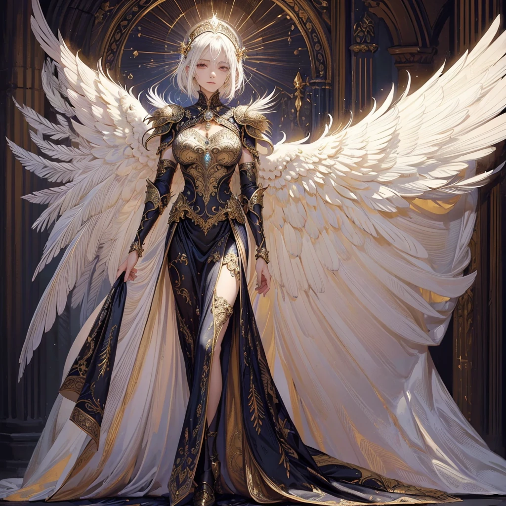 Art of elderly mature woman wearing sun crown, Wearing ornate breastplate that exposes a small amount of skin above the chest, A pair of armored angelic wings spreading out behind the woman and the wings have extremely long size feather that even taller than the woman's body, Ancient goddess art, Sacredness. Very detailed, Mysterious inspiration, Inspiration from the Sun God, Religious inspiration, Cold and snobbish face, No smile, Dangerous impersonal expressions, White hair, Standing, Full body portrait, Gothic art style, Weird art style, Occult art