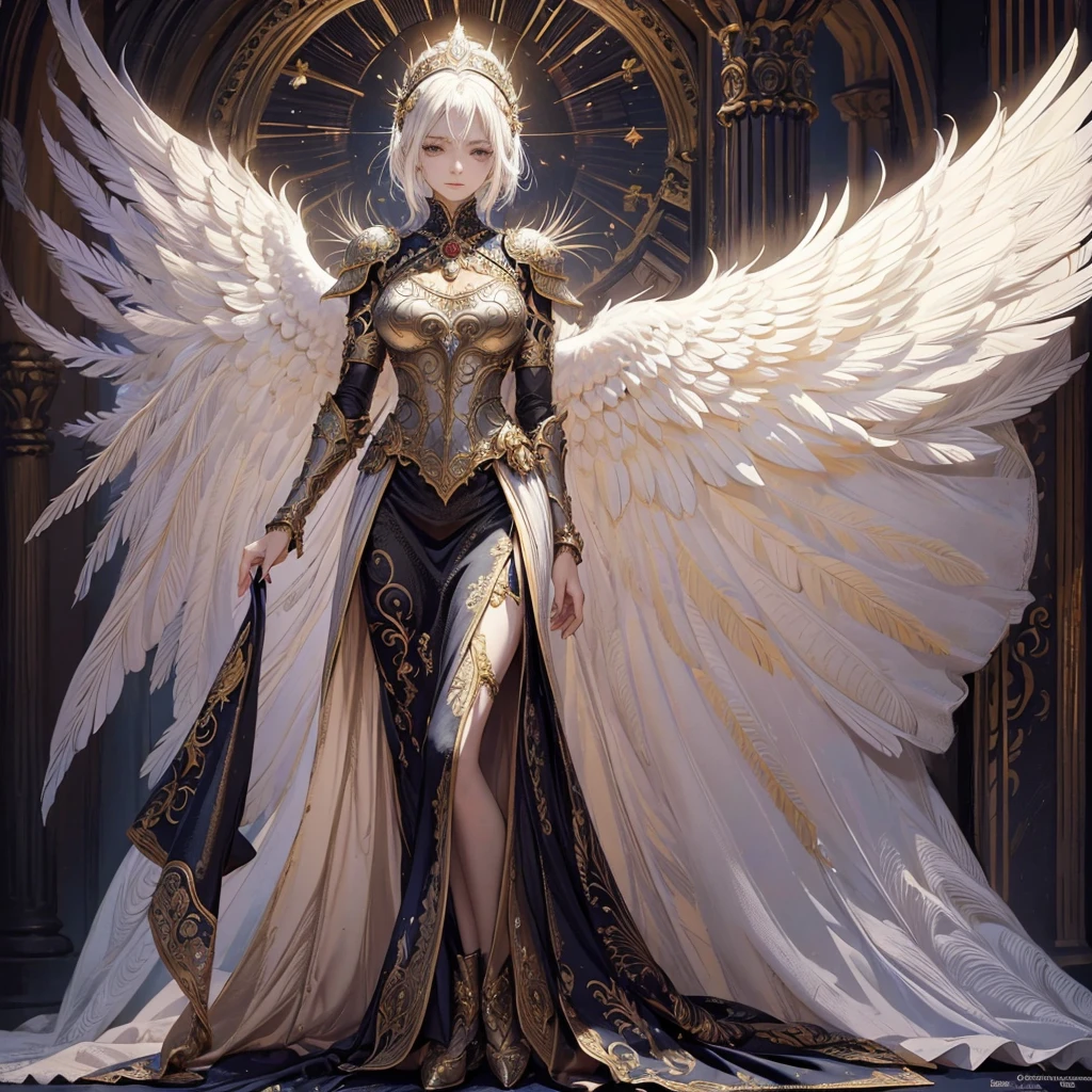 Art of elderly mature woman wearing sun crown, Wearing ornate breastplate that exposes a small amount of skin above the chest, A pair of armored angelic wings spreading out behind the woman and the wings have extremely long size feather that even taller than the woman's body, Ancient goddess art, Sacredness. Very detailed, Mysterious inspiration, Inspiration from the Sun God, Religious inspiration, Cold and snobbish face, No smile, Dangerous impersonal expressions, White hair, Standing, Full body portrait, Gothic art style, Weird art style, Occult art