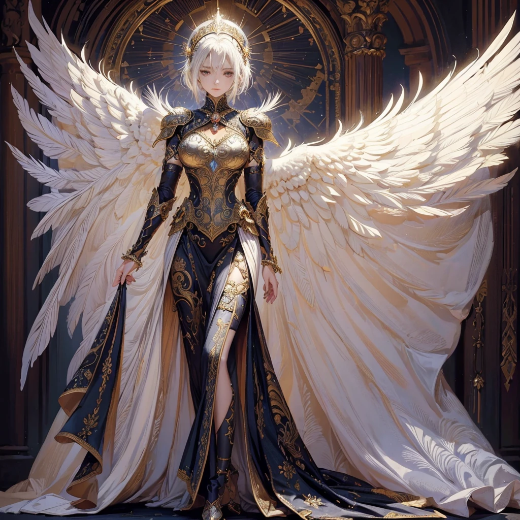 Art of elderly mature woman wearing sun crown, Wearing ornate breastplate that exposes a small amount of skin above the chest, A pair of armored angelic wings spreading out behind the woman and the wings have extremely long size feather that even taller than the woman's body, Ancient goddess art, Sacredness. Very detailed, Mysterious inspiration, Inspiration from the Sun God, Religious inspiration, Cold and snobbish face, No smile, Dangerous impersonal expressions, White hair, Standing, Full body portrait, Gothic art style, Weird art style, Occult art