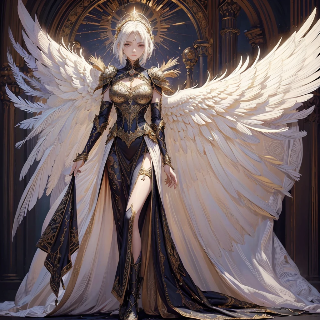 Art of elderly mature woman wearing sun crown, Wearing ornate breastplate that exposes a small amount of skin above the chest, A pair of armored angelic wings spreading out behind the woman and the wings have extremely long size feather that even taller than the woman's body, Ancient goddess art, Sacredness. Very detailed, Mysterious inspiration, Inspiration from the Sun God, Religious inspiration, Cold and snobbish face, No smile, Dangerous impersonal expressions, White hair, Standing, Full body portrait, Gothic art style, Weird art style, Occult art