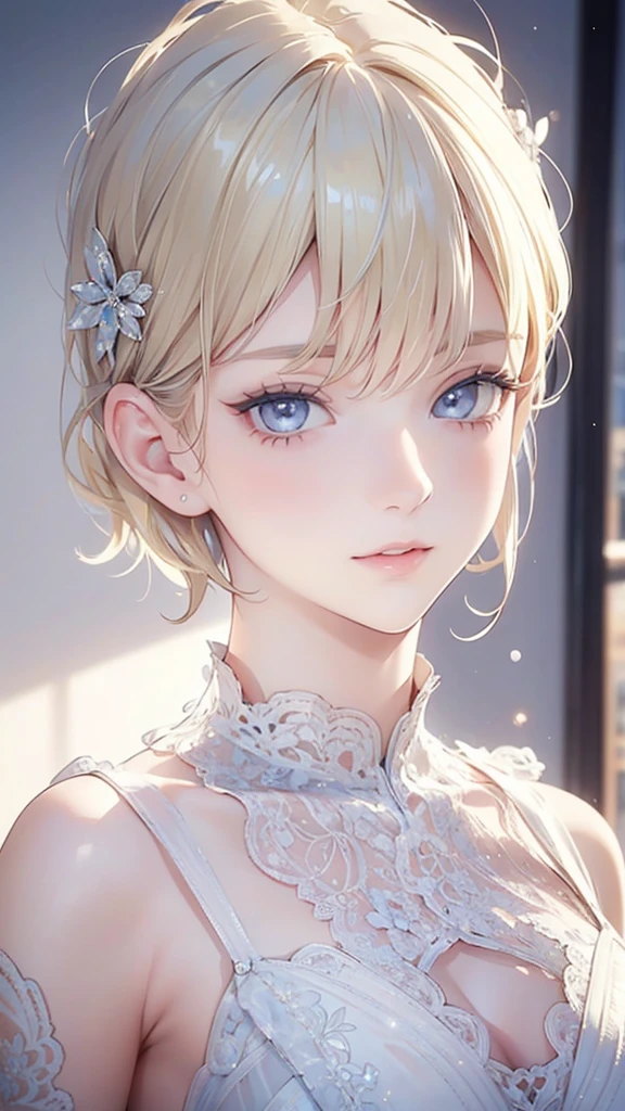 (masterpiece: 1.2, Highest quality), (Realistic, Intricate details, Depth of subject), Highest quality, masterpiece, Very detailed, 1 girl, Mature Woman, Blonde Short Hair, (Very delicate and beautiful face), (Beautiful eyes in every detail), blue eyes, King's Clothes, Slim figure, A crown made of precious gold,