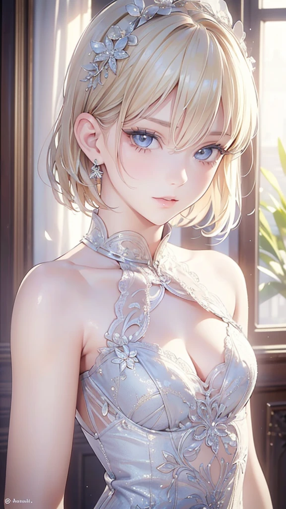 (masterpiece: 1.2, Highest quality), (Realistic, Intricate details, Depth of subject), Highest quality, masterpiece, Very detailed, 1 girl, Mature Woman, Blonde Short Hair, (Very delicate and beautiful face), (Beautiful eyes in every detail), blue eyes, King's Clothes, Slim figure, A crown made of precious gold,