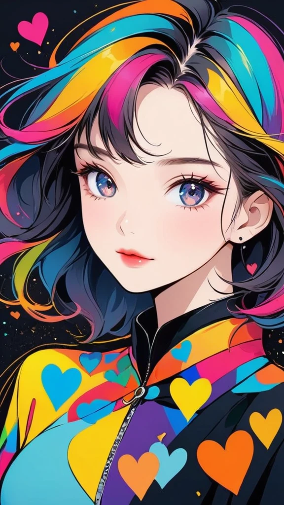 Black Star colorful style, Simple Line Initialism，Abstract art，Urban Background, (((The most beautiful girl of all time))), Sweet face. Lips in love, colorful hearts, stylish design