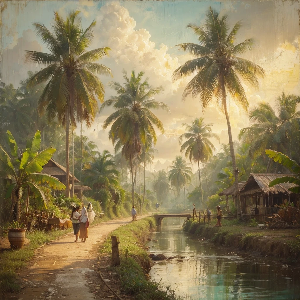 soft palette knife painting, documentary photography of landscapes in the afternoon,coconut tree,banana tree,small river,tepian small river,a small road there is an Indonesian farmer walking with his wife,soothing and cooling feeling, dull canvas,soft wax encaustic and oil painting,soft strokes, exotic scene, vintage colour