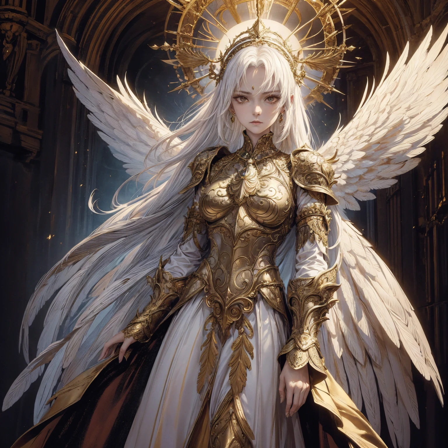 Art of elderly mature woman wearing sun crown, Wearing ornate golden breastplate that exposes a small amount of skin above the chest, A pair of armored angelic wings spreading out behind the woman and the wings have extremely long size feather that even taller than the woman's body, Ancient goddess art, Sacredness. Very detailed, Mysterious inspiration, Inspiration from the Sun God, Religious inspiration, Cold and snobbish face, No smile, Dangerous impersonal expressions, White hair, Standing, Full body portrait, Gothic art style, Weird art style, Occult art