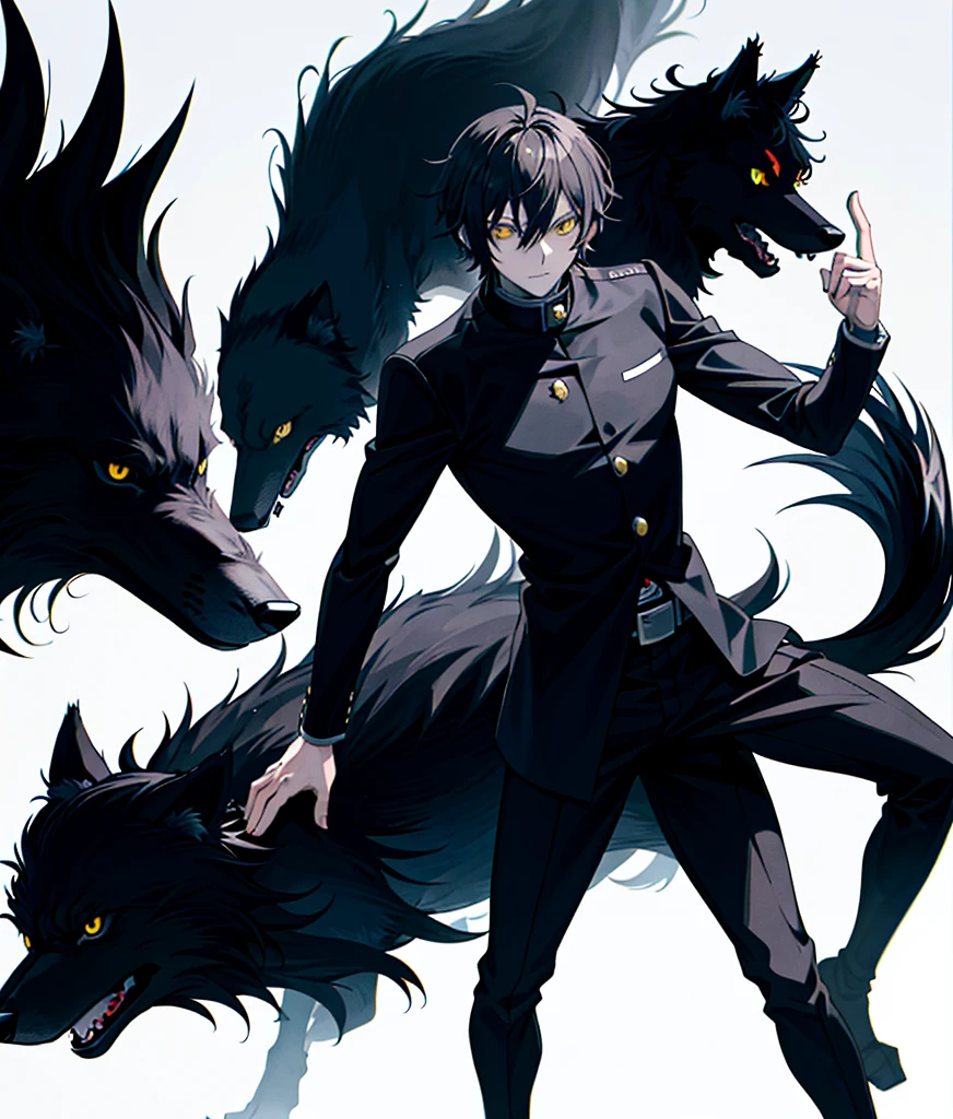 An anime guy in the shape of a black wolf, with yellow eyes, and his head is the head of a wolf
