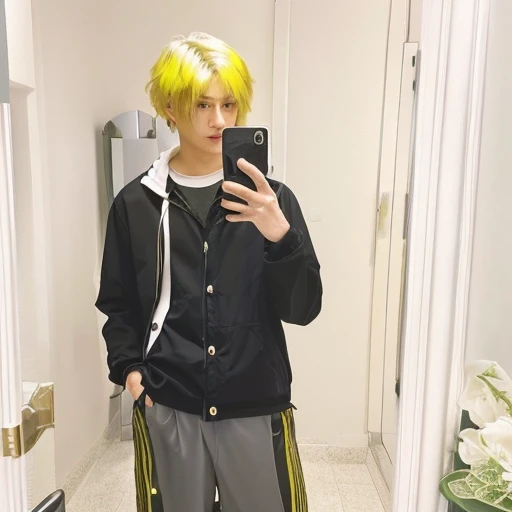 a handsome boy, taking mirror selfie, with fisher, yellow hair, realistic
