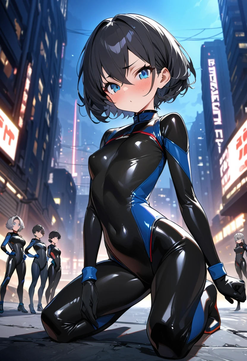 Best Quality,T Masterpiece,Ultimate resolution,18Old female fighter,Slender、Very slim、Small face、cute、(Kneeling pose),Super Short Hair,((A tight-fitting black combat uniform with a shiny enamel finish:1.0)),Black Hair、Peace talks between warring factions,attention arousal, smart blue eyes,Tight Suit,gloves、Steel City Background,night
