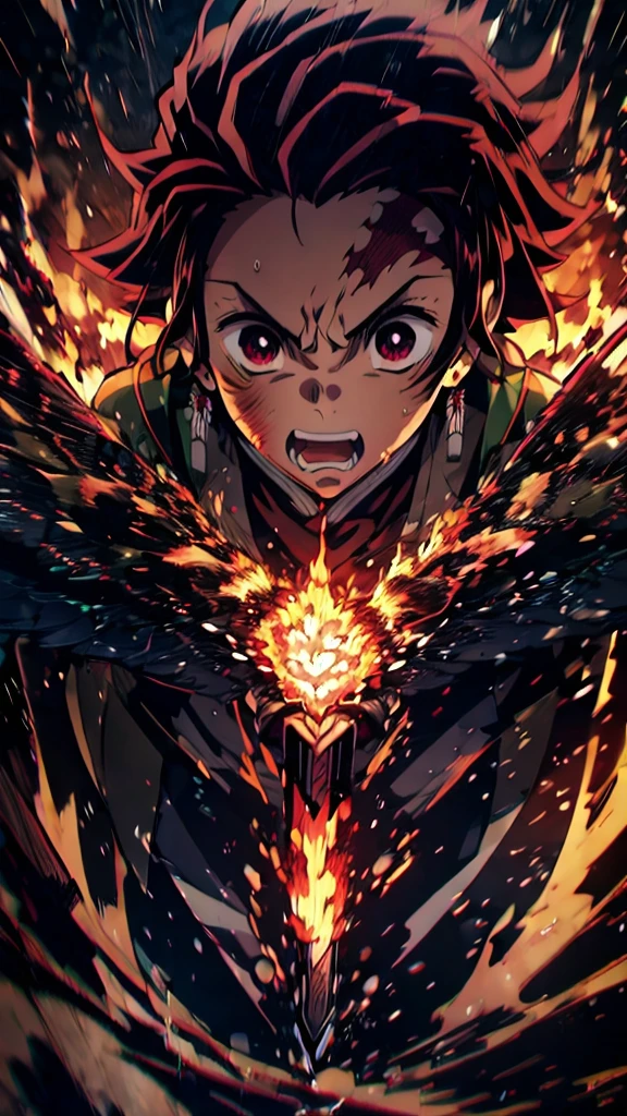 (Highest quality),(masterpiece), 8k,Very detailed, Detailed light, Best Shadow,Detailed reflective eyes, Beautiful Eyes, Very detailedな顔,Shiny Hair,One person,Gloss,Black Hair,anger,whole body,front,Demon slayer,help,help Kamado,darkness,face is dirty for painting,Japanese sword,inflammation,inflammation舞,Fire Breathing,Kagura,