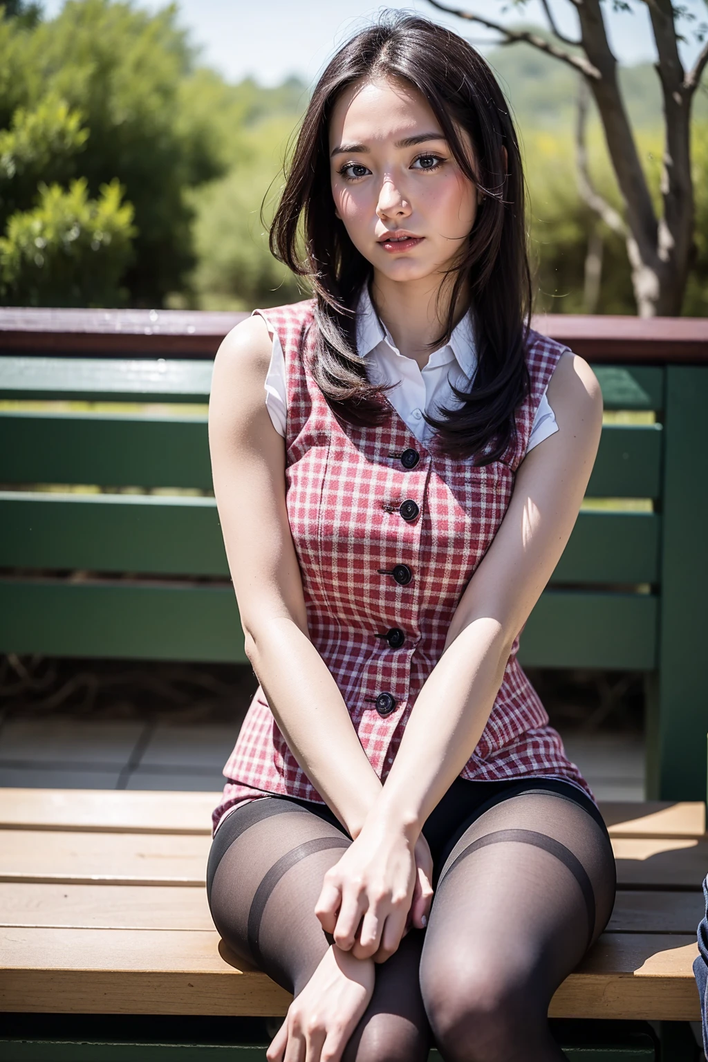 Urzan-6500-v1.1, (RAW Photos:1.2), (Realistic), (Genuine:1.4), 1girl、Perfect Anatomy、42 years old、Looking into the camera、Medium Long Hair、Plaid vest、((Sit on a bench:1.3))、(Ultra-realistic pantyhose:1.2), (High heels)、(Business services)、