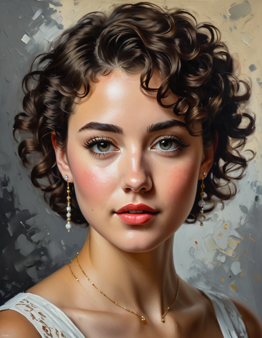 A 45 grade shot portrait of a woman adorned with a tiny dot birthmark in the corner of her cheek and a curly short hair, expressive eyes, perfect face, rendered in oil on canvas. This beautiful oil painting of a modern girl with tiny earring,' showcases detailed brushwork. It is inspired by the styles of Andrei Ryabushkin and Andrey Esionov, capturing the essence of alla prima oil painting, dynamic pose, (masterpiece), best quality 