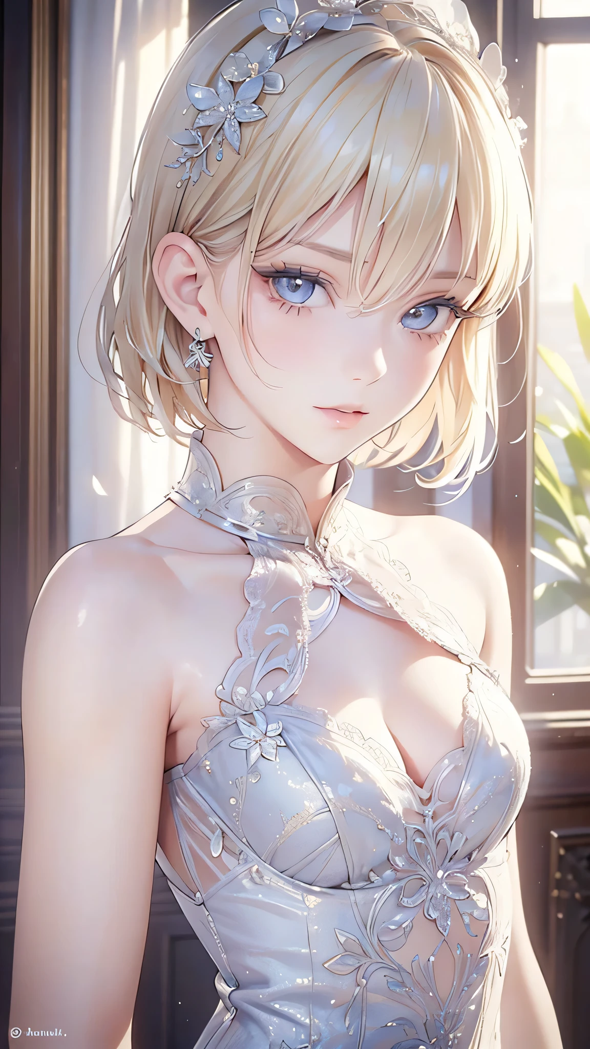 (masterpiece: 1.2, Highest quality),  (Realistic, Intricate details, Depth of subject), Highest quality, masterpiece, Very detailed,  1 girl, Mature Woman, Blonde Short Hair, (Very delicate and beautiful face), (Beautiful eyes in every detail), blue eyes, King&#39;s Clothes,  Slim figure, A crown made of precious gold,