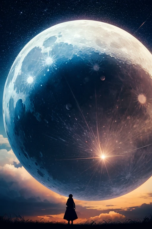 Highest quality,Big moon and shadow,A silhouette of a person can be seen against the backdrop of a large moon.,There is one full moon,There is a mood,Beautiful scenery,Starry Sky