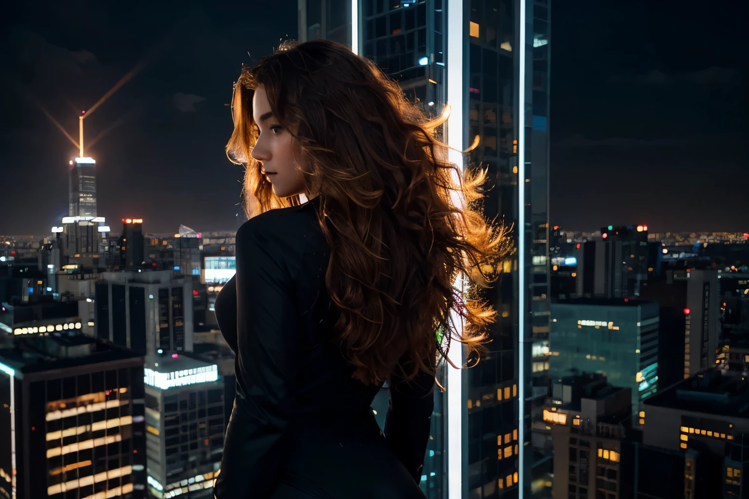 high resolution,high quality,Perfect body,Full face,Skyscraper rooftop,night,One Woman,Alone,black powered suit,Chestnut Hair,Curly Hair,Hair blowing in the wind,From behind,Other skyscrapers are visible,Multicolored neon,