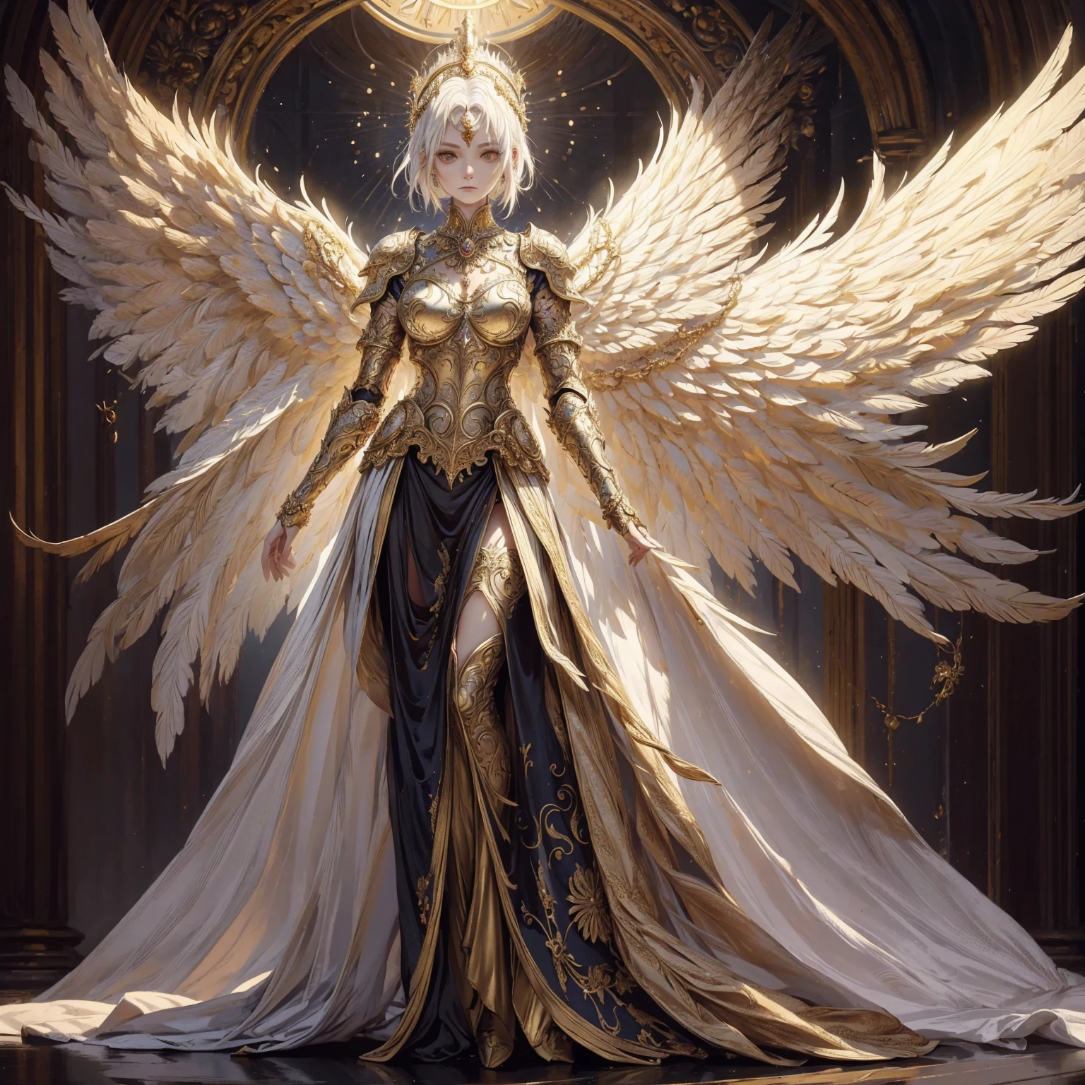 Art of elderly mature woman wearing sun crown, Wearing ornate golden breastplate that exposes a small amount of skin above the chest, A pair of armored angelic wings spreading out behind the woman and the wings have extremely long size feather that even taller than the woman's body, Ancient goddess art, Sacredness. Very detailed, Mysterious inspiration, Inspiration from the Sun God, Religious inspiration, Cold and snobbish face, No smile, Dangerous impersonal expressions, White hair, Standing, Full body portrait, Gothic art style, Weird art style, Occult art