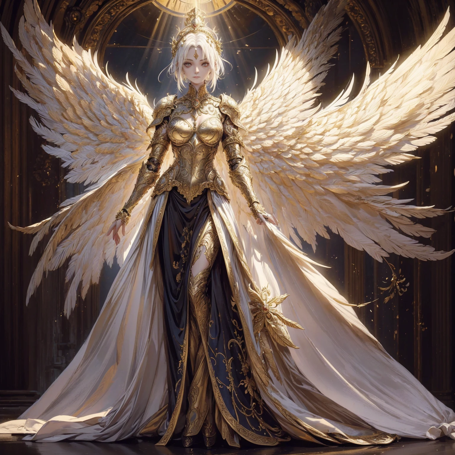 Art of elderly mature woman wearing sun crown, Wearing ornate golden breastplate that exposes a small amount of skin above the chest, A pair of armored angelic wings spreading out behind the woman and the wings have extremely long size feather that even taller than the woman's body, Ancient goddess art, Sacredness. Very detailed, Mysterious inspiration, Inspiration from the Sun God, Religious inspiration, Cold and snobbish face, No smile, Dangerous impersonal expressions, White hair, Standing, Full body portrait, Gothic art style, Weird art style, Occult art