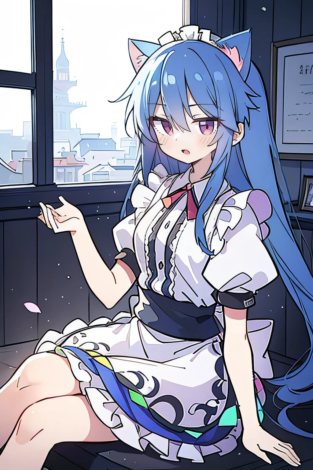 （masterpiece：1.2），Super detailed，lifelike，Expressive eyes，fair skin，perfect face shape，1 girl，
Japanese comics,Gorgeous blue hair,flowing blue hair,flowing clothes,Cat ears,Petals fall,beautiful lola,Baby Angel,
，Cross your legs，Gentle and peaceful background，The pavilion is cool and comfortable, maid outfit, maid，cafes，In front of the window，,snowing。 