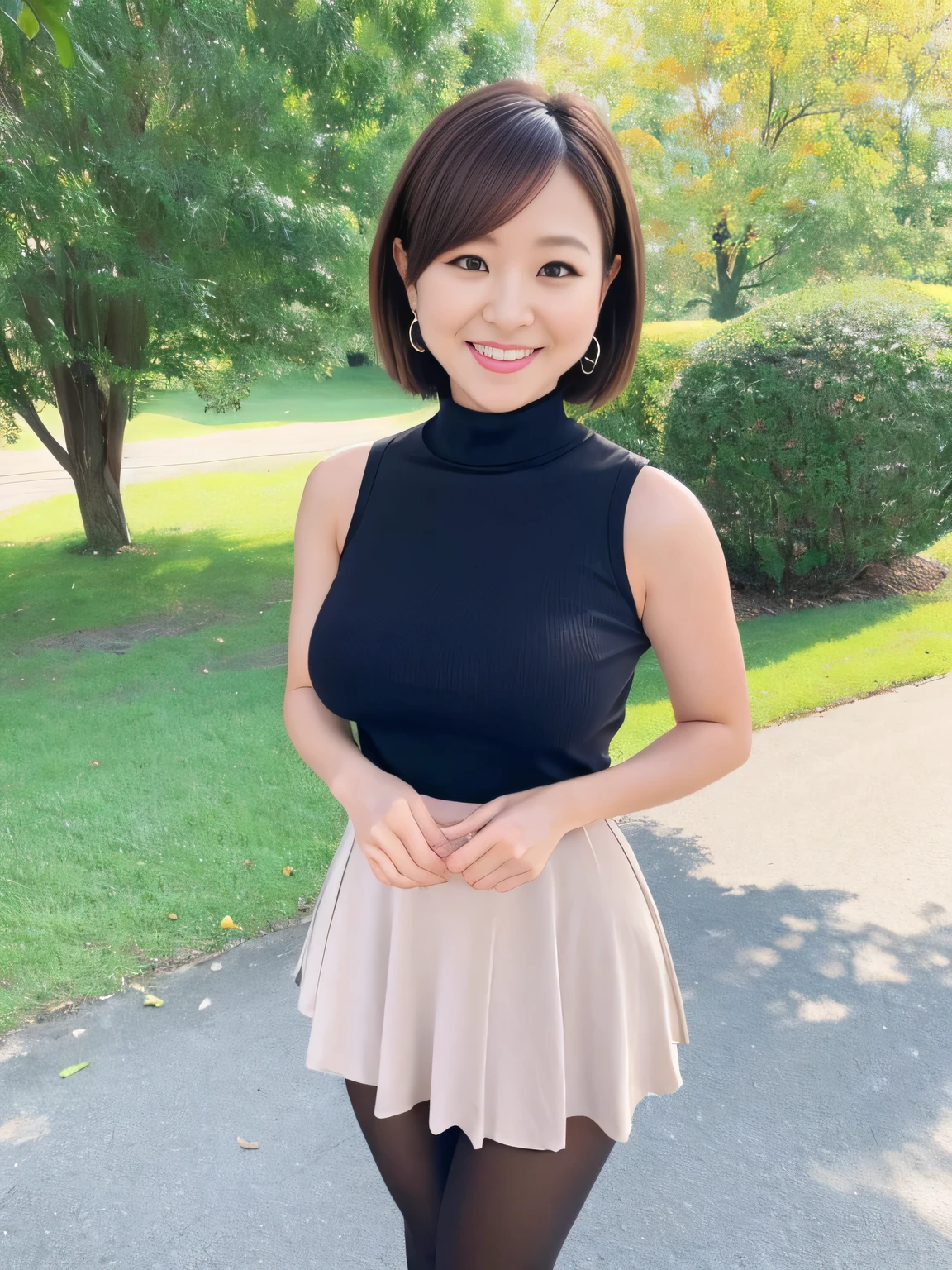 Highest quality、8k、masterpiece、Ultra-high resolution、Clear photos、Professional Lighting、Natural light、Realistic,、Highly detailed skin、Perfect Anatomy、One Woman、Age 35、:1.6、Large Breasts、(Large areola)、Large erect nipples:1.2、Glamour、Very short bob hair:1.8、Brown Hair:1.8、Beautiful Hair、Thin legs、smile、Embarrassed expression、(Sleeveless knit:1.1)、(Perfect Pantyhose:1.2)、turtleneck、Tight micro mini skirt、at the park、Standing pose、(Head to toe photos)、Exposed thighs