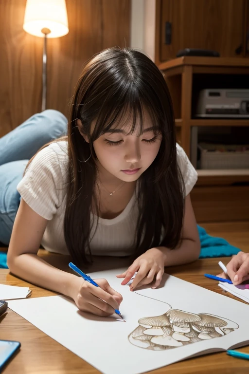 A 23-year-old girl lying down and drawing a picture of a mushroom legend