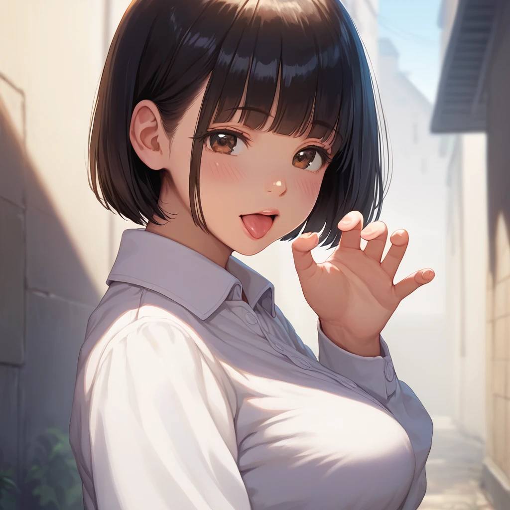 score_9,score_8_up,score_7_up,masterpiece,best quality, source anime, realistic, super detailed, extreme detailed, rating_safe,
1girl, (close-up face:1.2),profile, fellatio gesture, open mouth, tongue, half-closed eyes, blush, sideways glance, looking at viewer,
BREAK girl, 22yo, short hair, bob cut, (blunt bangs), black hair, (tareme, detailed cute brown eyes), curled eyelashes, (large breasts:0.9),
shiny hair, beautiful detailed eyes, beautiful face,
white collared shirt, outdoors, back alley,