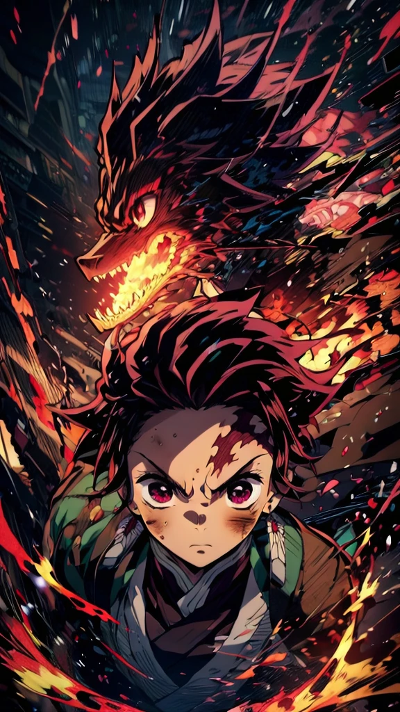 (Highest quality),(masterpiece), 8k,Very detailed, Detailed light, Best Shadow,Detailed reflective eyes, Beautiful Eyes, Very detailedな顔,Shiny Hair,One person,Gloss,Black Hair,anger,whole body,front,Demon slayer,help,help Kamado,darkness,face is dirty for painting,Japanese sword,inflammation,inflammation舞,Fire Breathing,Kagura,