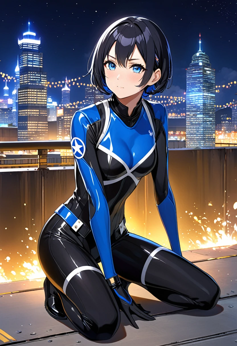 Best Quality,T Masterpiece,Ultimate resolution,18Old female fighter,Slender、Very slim、Small face、cute、(Kneeling pose),Super Short Hair,((A tight-fitting black combat uniform with a shiny enamel finish:1.0)),Black Hair、Peace talks between warring factions,attention arousal, smart blue eyes,Tight Suit,gloves、Steel City Background,night