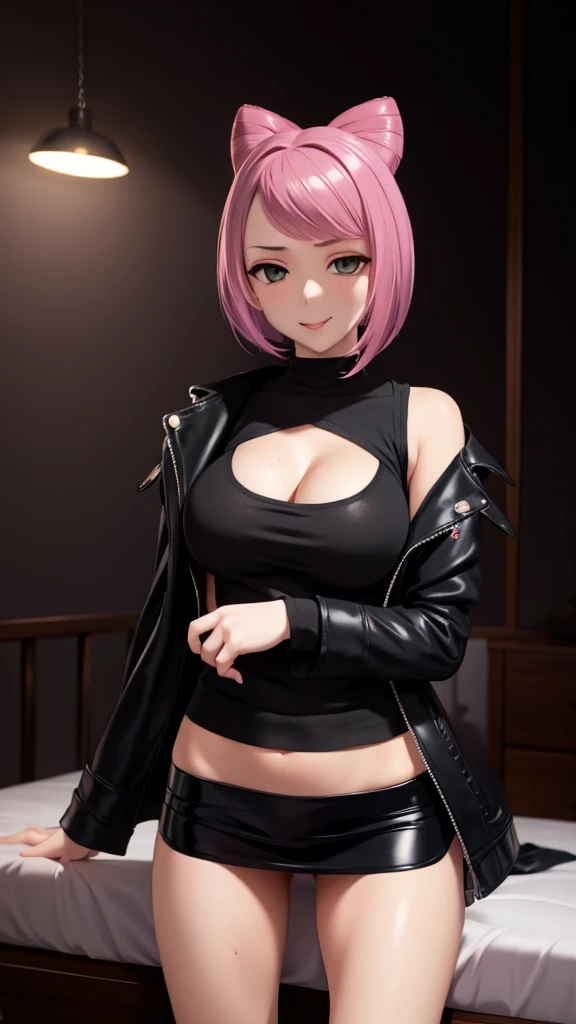 Erotic、Black sleeveless sweater mini skirt Pink line、Short Hair、Evil female executive、tall、sexy、Erotic Sneer、lure、Alluring、Pitch black background、Dark bedroom at night、Open long coat jacket