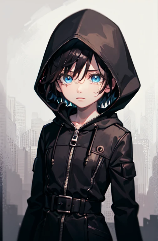 (upper body:1.4), standing, facing viewer, straight-on, sad, shouting, crying with eyes open, underground, laboratory, (stasis tank:1.3), aaxion, short hair, hood, black coat, hooded coat, zipper, long sleeves, black pantyhose, black gloves, black knee boots,  display glitch, (white wall:1.2),, absurdres, ultra detailed, masterpiece, best quality, aesthetic, detailed,