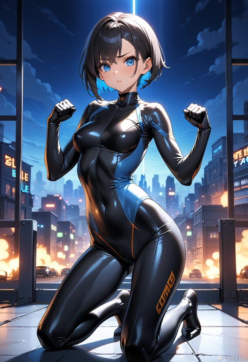 Best Quality,T Masterpiece,Ultimate resolution,18Old female fighter,Slender、Very slim、Small face、cute、(Kneeling pose),Super Short Hair,((A tight-fitting black combat uniform with a shiny enamel finish:1.0)),Black Hair、Peace talks between warring factions,attention arousal, smart blue eyes,Tight Suit,gloves、Steel City Background,night