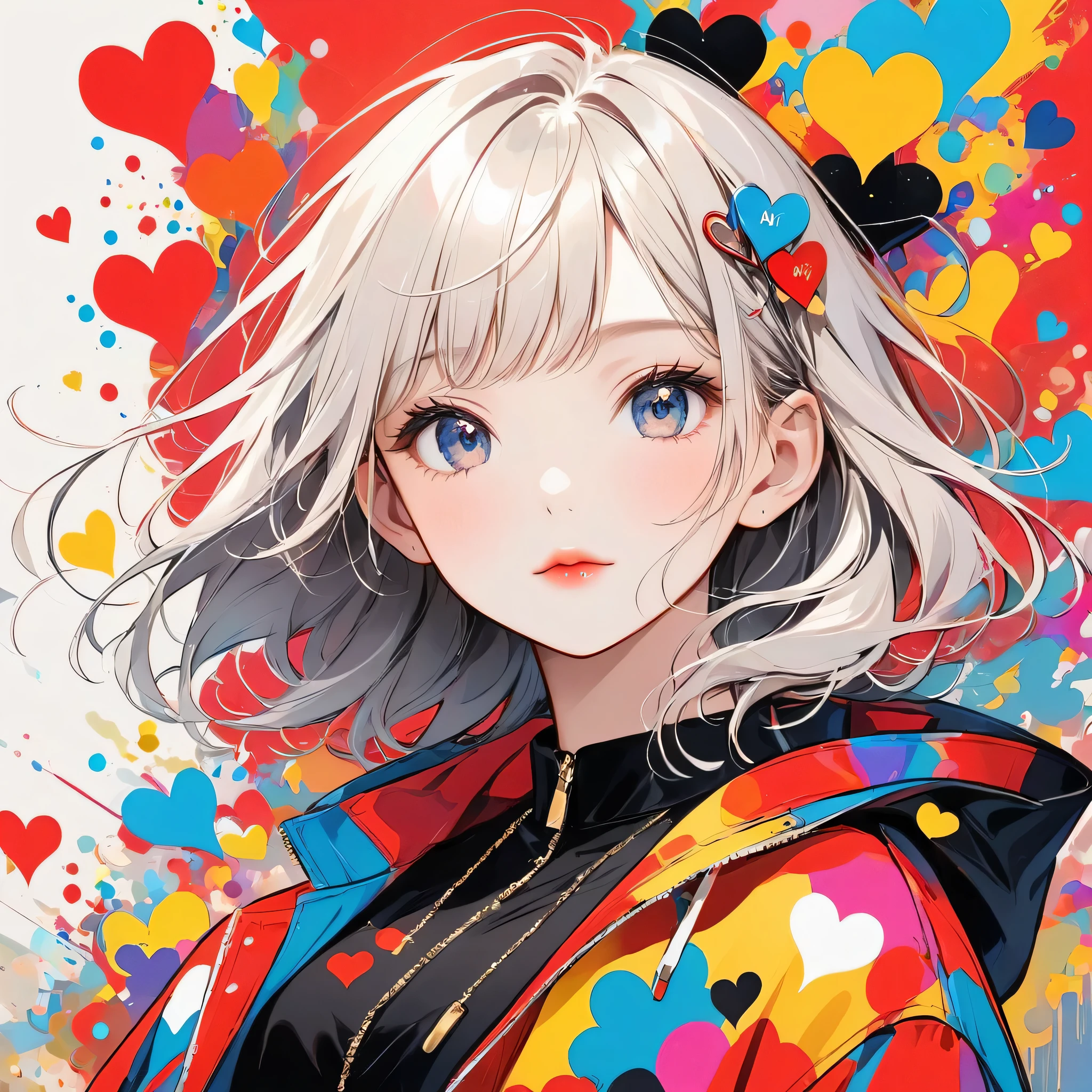 Mika Pikazo Black Star  red and white style, Simple Line Initialism，Abstract art，Urban Background, (((The most beautiful girl of all time))), Sweet face. Lips in love, colorful hearts, stylish design