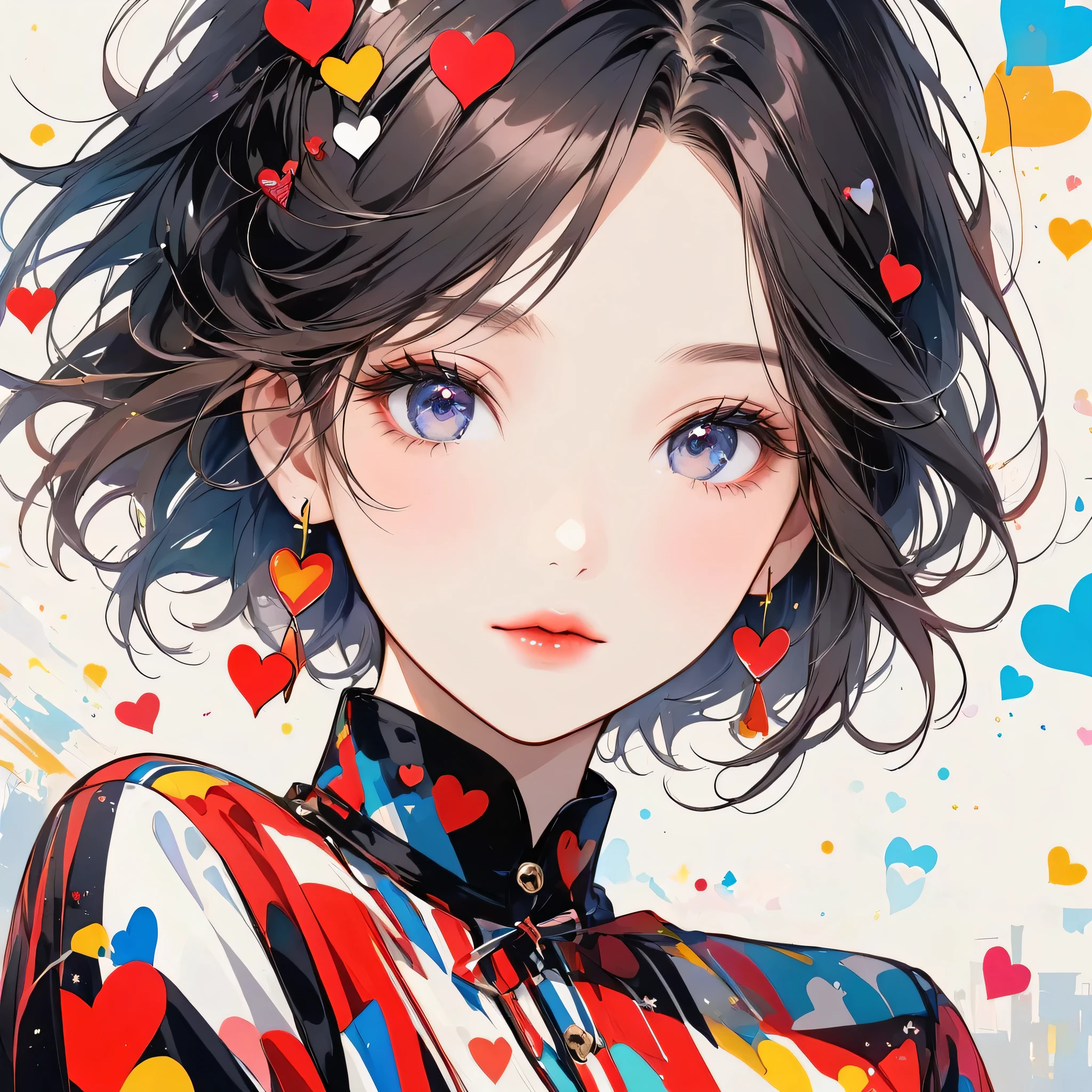 Mika Pikazo Black Star red and white style, Simple Line Initialism,Abstract art,Urban Background, (((The most beautiful girl of all time))), Sweet face. Lips in love, colorful hearts, stylish design