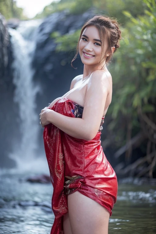 Cute girl wearing sarong dress with seducing pose, big smile, happy, bustling, ((whole body)) turning away facial at viewer, closeup, heavy mountains, misty, fog, woman standing in the waterfall, wet body, wet clothes, wet skin, beauty skin, huge breast:1.5, thick thighs bright lighting, big round ass, cute face, slim abs, 35mm lens, Extreme close-up, depth of field cinematography effect, romantic film genre, 8k resolution, high quality, ultra detail